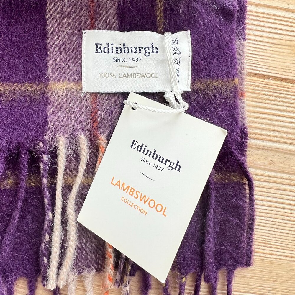Edinburgh 100% Lambswool Tartan Scarf – Purple & Grey Plaid | NWT | Scotland Her